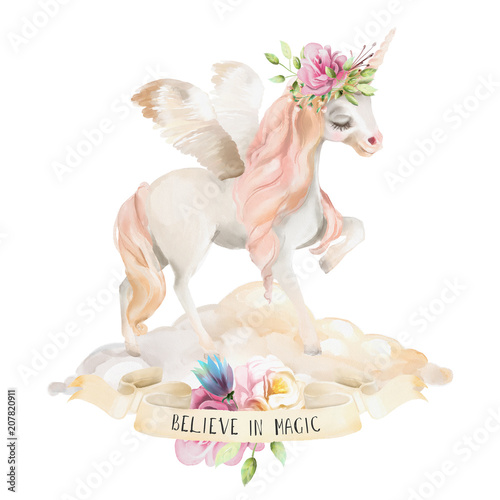 Beautiful, cute, watercolor dreaming unicorn, pegasus with wings and  flowers...