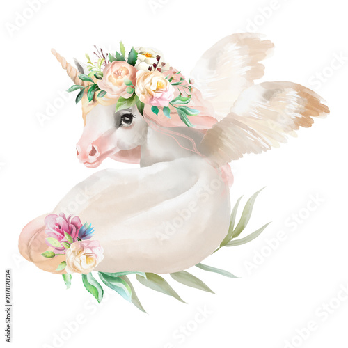 Beautiful, cute, watercolor dreaming unicorn, pegasus with wings and  flowers, floral crown, bouquet isolated on white
