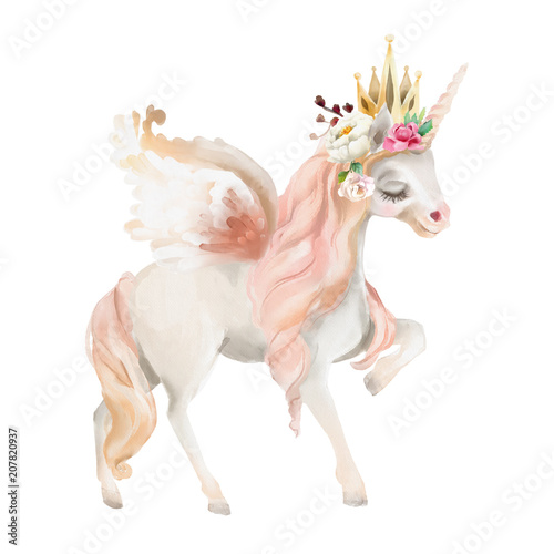 Beautiful, cute, watercolor dreaming unicorn, pegasus with wings and  flowers...