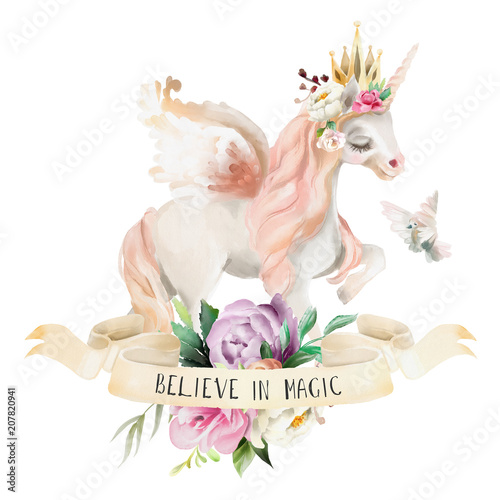Beautiful, cute, watercolor dreaming unicorn, pegasus with flowers, golden cr...