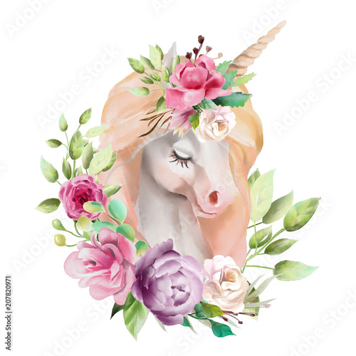 Beautiful, cute, watercolor unicorn head with flowers, floral crown, bouquet ...