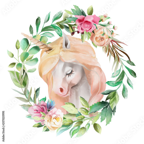 Beautiful, cute, watercolor unicorn head with flowers, floral crown, bouquet ...