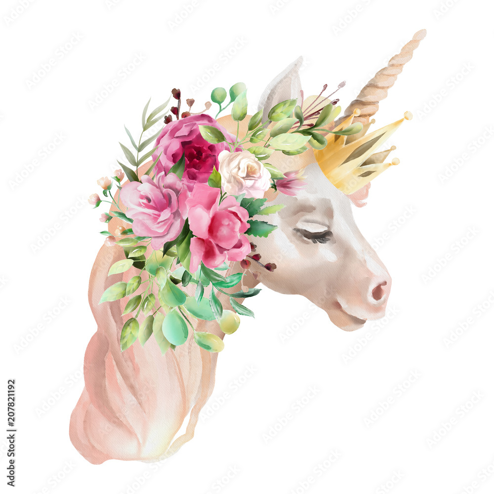 Beautiful, cute, watercolor unicorn head with flowers, golden crown, floral bouquet isolated on white