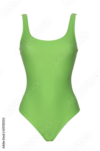 Closeup of sporty green one piece swimsuit isolated on white background