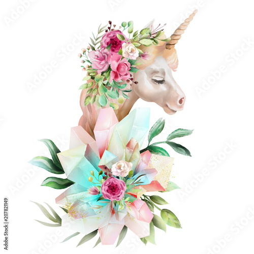 Beautiful, cute, watercolor unicorn head with flowers, floral crown, bouquet ...
