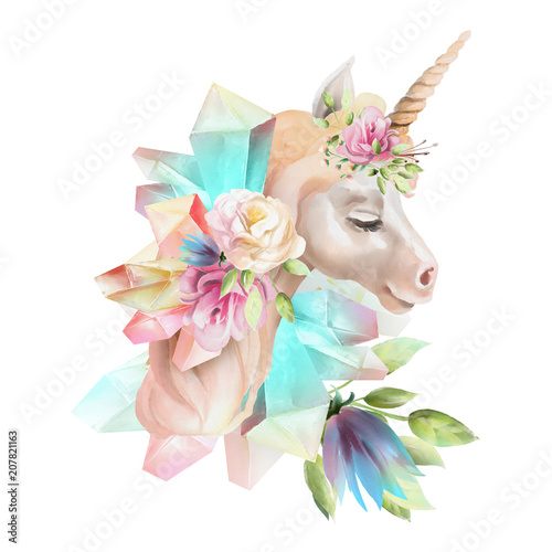 Dekoracja na wymiar  beautiful-cute-watercolor-unicorn-head-with-flowers-floral-crown-bouquet-and-magic-crystals-isolated-on-white