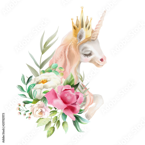 Beautiful, cute, watercolor unicorn head with flowers, golden crown, floral b...
