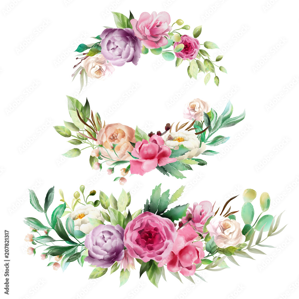 Beautiful watercolor floral bouquet, whimsical flowers wreath, frame, border, divider. Pink rose, violet and cream peony. Fantasy wedding arrangement isolated on white