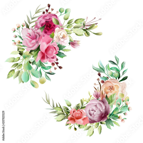 Beautiful watercolor floral bouquet, whimsical flowers wreath, frame, border,...