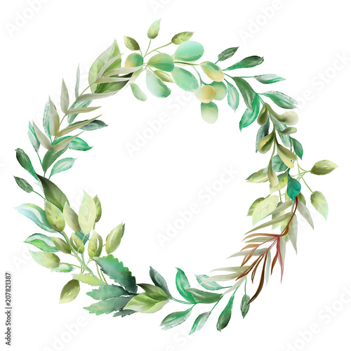 Beautiful watercolor floral bouquet, whimsical flowers wreath, circle frame. ...