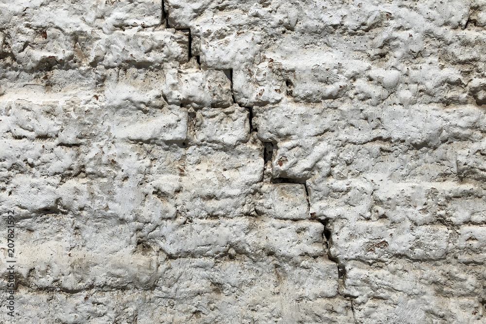 Red White Wall Texture. Old Cracked Brick Wall Horizontal Background. Brickwall Backdrop. White Red Stonewall Surface. Vintage Brickwork Structure With Peeled Plaster.