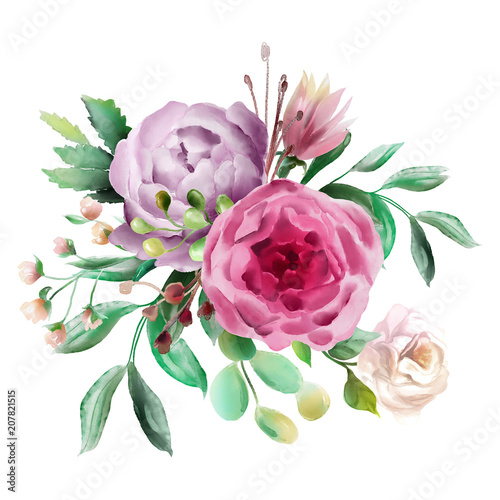 Beautiful watercolor floral bouquet, whimsical flowers wreath. Pink rose, violet and cream peony. Fantasy wedding arrangement isolated on white