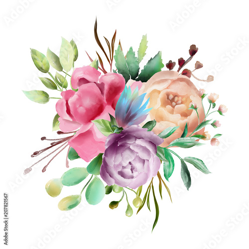 Beautiful watercolor floral bouquet, whimsical flowers wreath. Pink rose, vio...