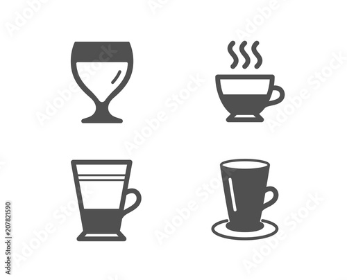 Set of Double latte, Doppio and Wine glass icons. Teacup sign. Tea cup, Coffee drink, Cabernet wineglass. Tea or latte.  Quality design elements. Classic style. Vector