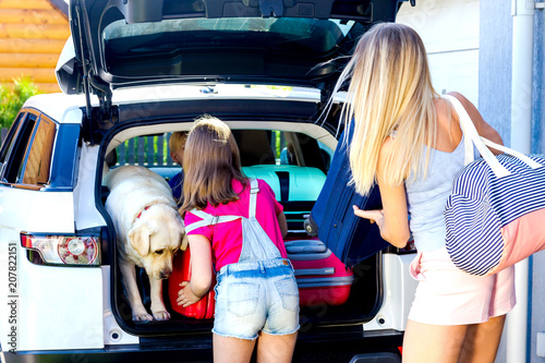 family vacation suitcases Labrador dog girl boy kid baggage blue pink orange house sun summer luggage car ready holidays green trank boot woman