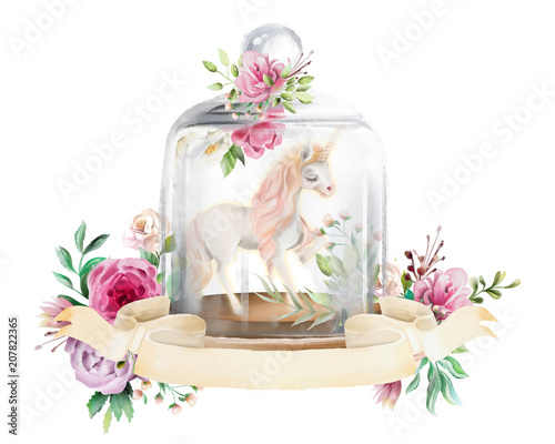 Beautiful, unicorn, magic horse and flowers in a fantasy glass mason jar with...
