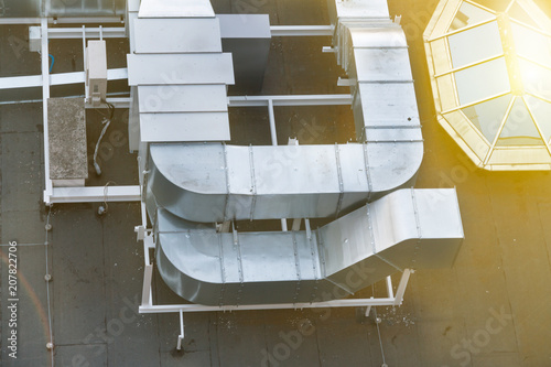 Ventilation system on the roof of the house, metal ventilation shafts