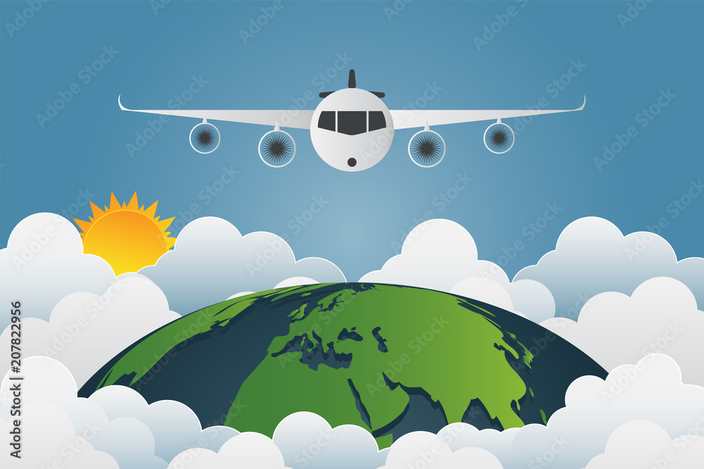 Plane is flying through the world,earth suns with a variety of clouds Plane is flying through the world,earth suns with a variety of clouds
