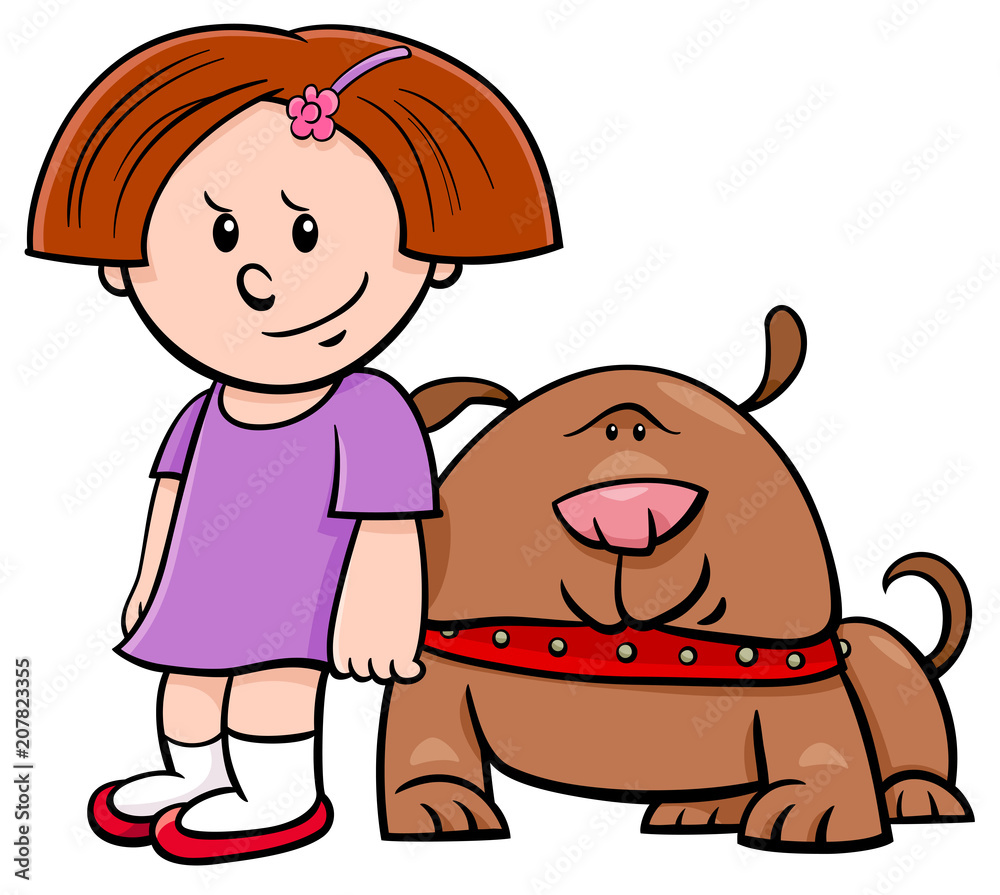 cute girl with funny dog cartoon illustration cute girl with funny dog cartoon illustration