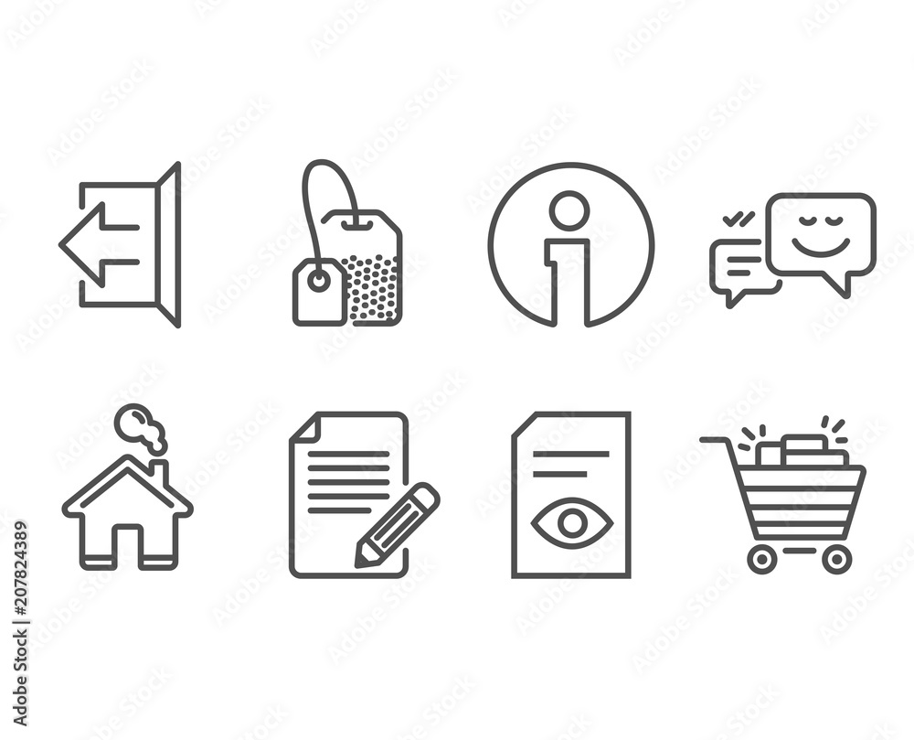 Set of View document, Happy emotion and Article icons. Sign out, Tea bag and Shopping cart signs. Open file, Web chat, Feedback. Logout, Brew hot drink, Gifts. Information and Home design elements Set of View document, Happy emotion and Article icons. Sign out, Tea bag and Shopping cart signs. Open file, Web chat, Feedback. Logout, Brew hot drink, Gifts. Information and Home design elements
