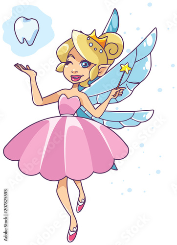 Illustration of the happy tooth fairy, flying on white background.