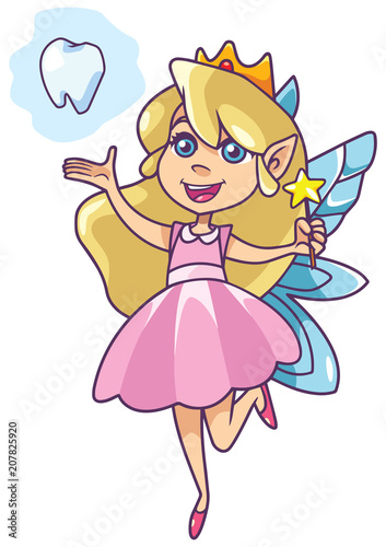 Illustration of happy little tooth fairy, flying on white background.