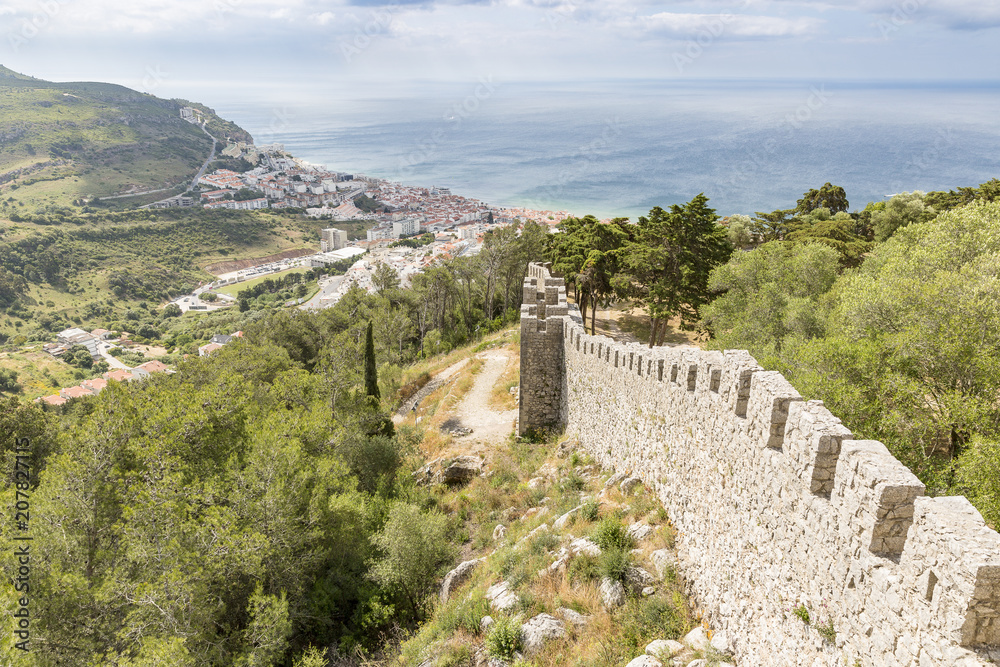 a view over Sesimbra town and the castle defensive wall, Setubal district, Portugal