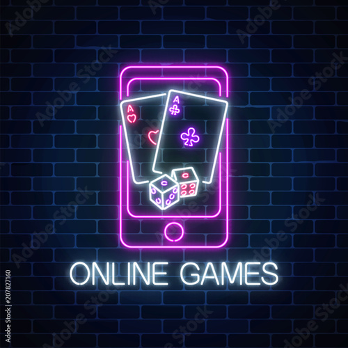 Glowing neon sign of online games application in mobile device screen with playing cards and dice Internet casino banner