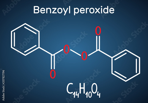 Benzoyl peroxide (BPO) molecule. Structural chemical formula and molecule model on the dark blue background