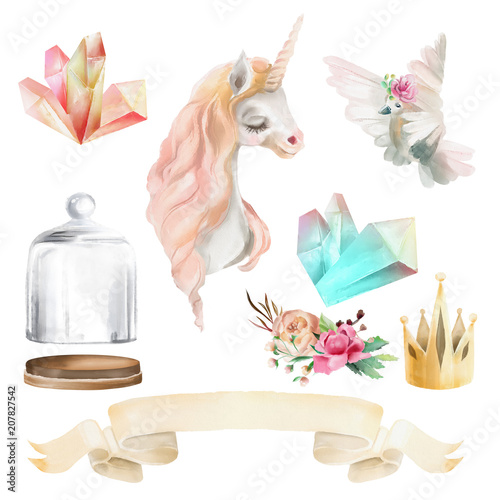 Beautiful, cute watercolor fantasy, magic set. Unicorn, glass mason jar, pige...