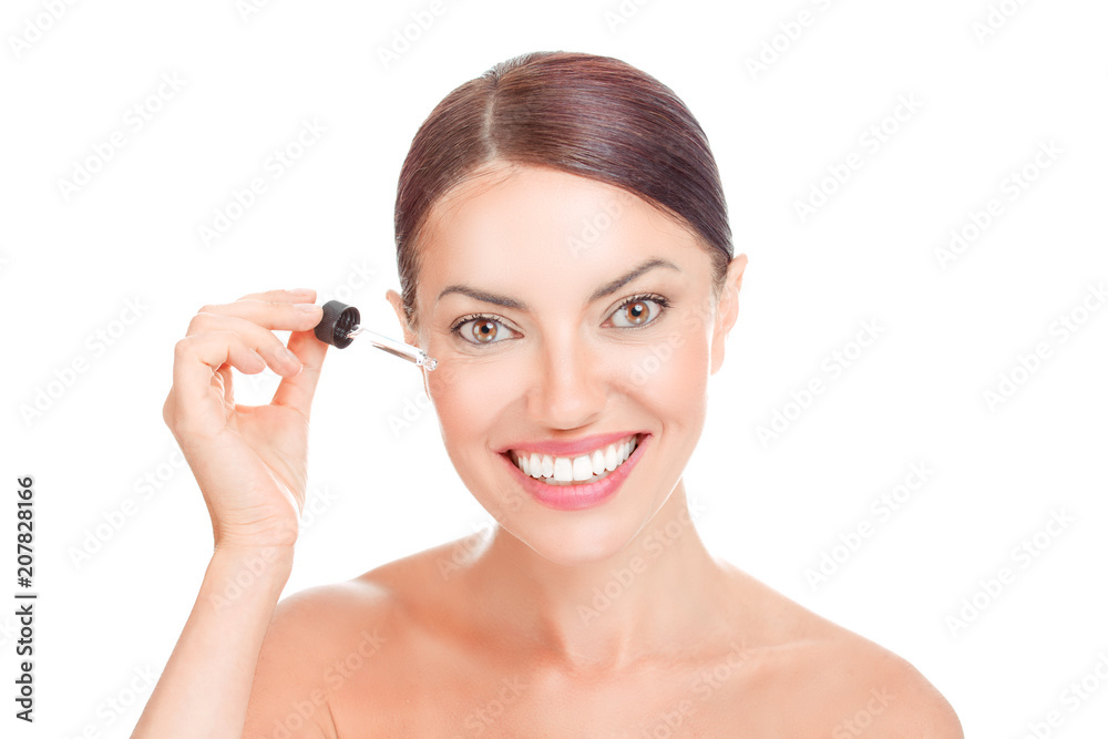 woman applying anti mimic wrinkles eye face serum essential oil smiling woman applying anti mimic wrinkles eye face serum essential oil smiling