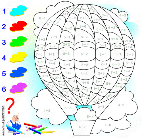 Educational page with exercises for children on addition and subtraction. Need to solve examples and to paint the image in relevant colors. Developing skills for counting. Vector image.
