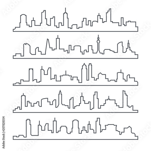 Skyline city. Building line of town. Outline urban vector cityscape set isolated
