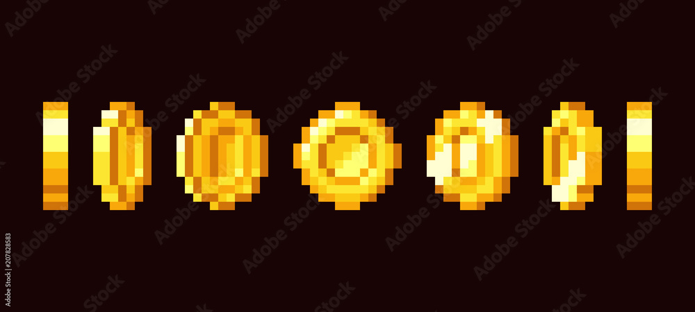 Gold coin animation frames for 16 bit retro video game. Pixel art vector  set Stock Vector | Adobe Stock