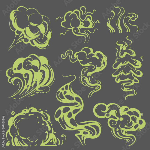 Cartoon bad smell stench green clouds vector set isolated
