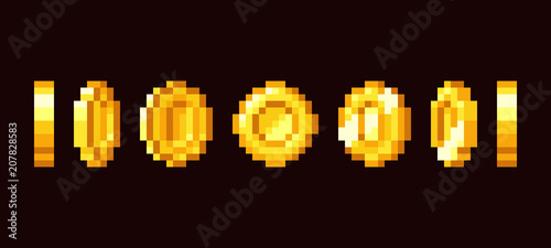 Gold coin animation frames for 16 bit retro video game. Pixel art vector set
