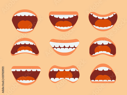 Funny cartoon human mouth, teeth and tongue with different expressions vector set isolated