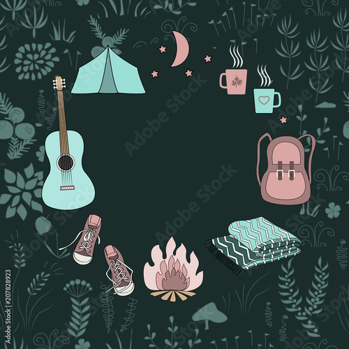 Frame with tourism and camping symbols