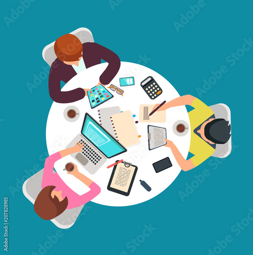 Top view people group work at table. Meeting persons in room vector illustration