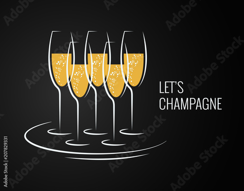 champagne glass on a tray on black background