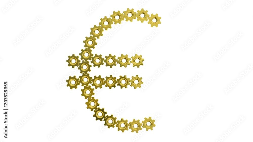 Golden gears Euro sign. Seamless loop 3d animation on white background. Golden gears Euro sign. Seamless loop 3d animation on white background.