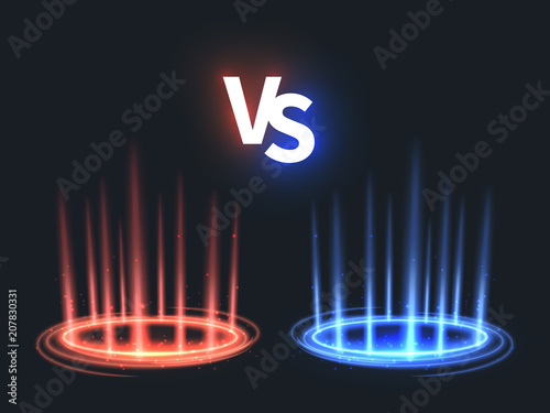 Fototapeta Versus glowing teleport effect on floor. Vs battle scene with rays and sparks. Abstract hologram supernatural vector background
