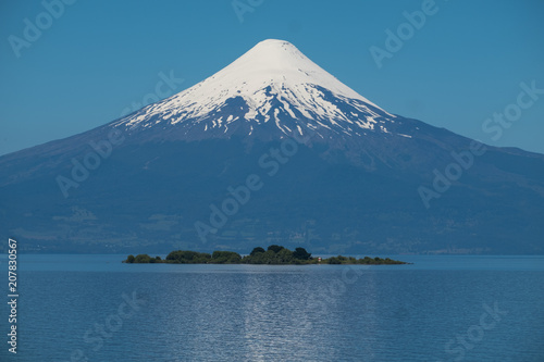 Volcano of Osorno and lake of Llanquihue with islet. Chile