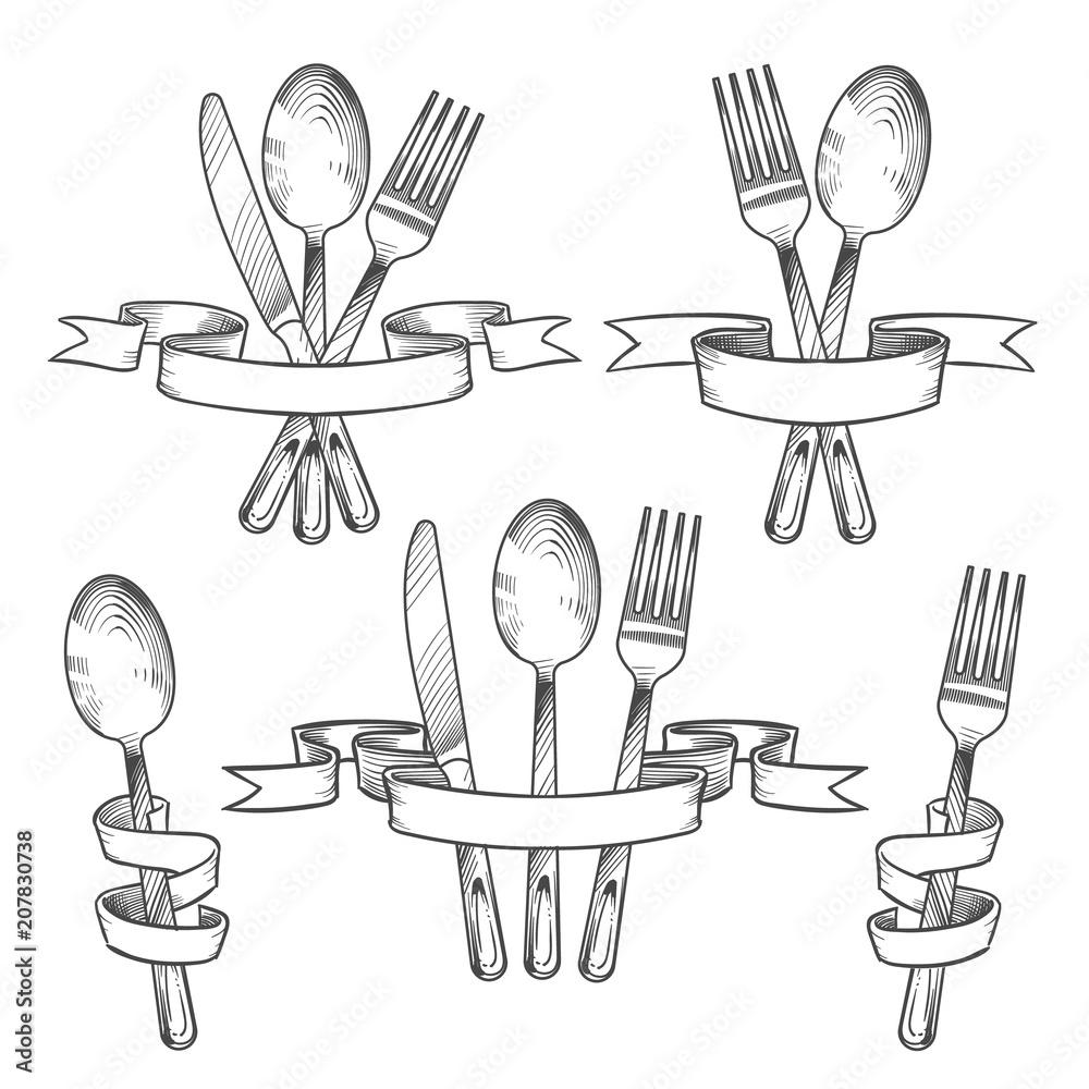 Silverware, cutlery, dinner table utensils. Knife, spoon and fork in