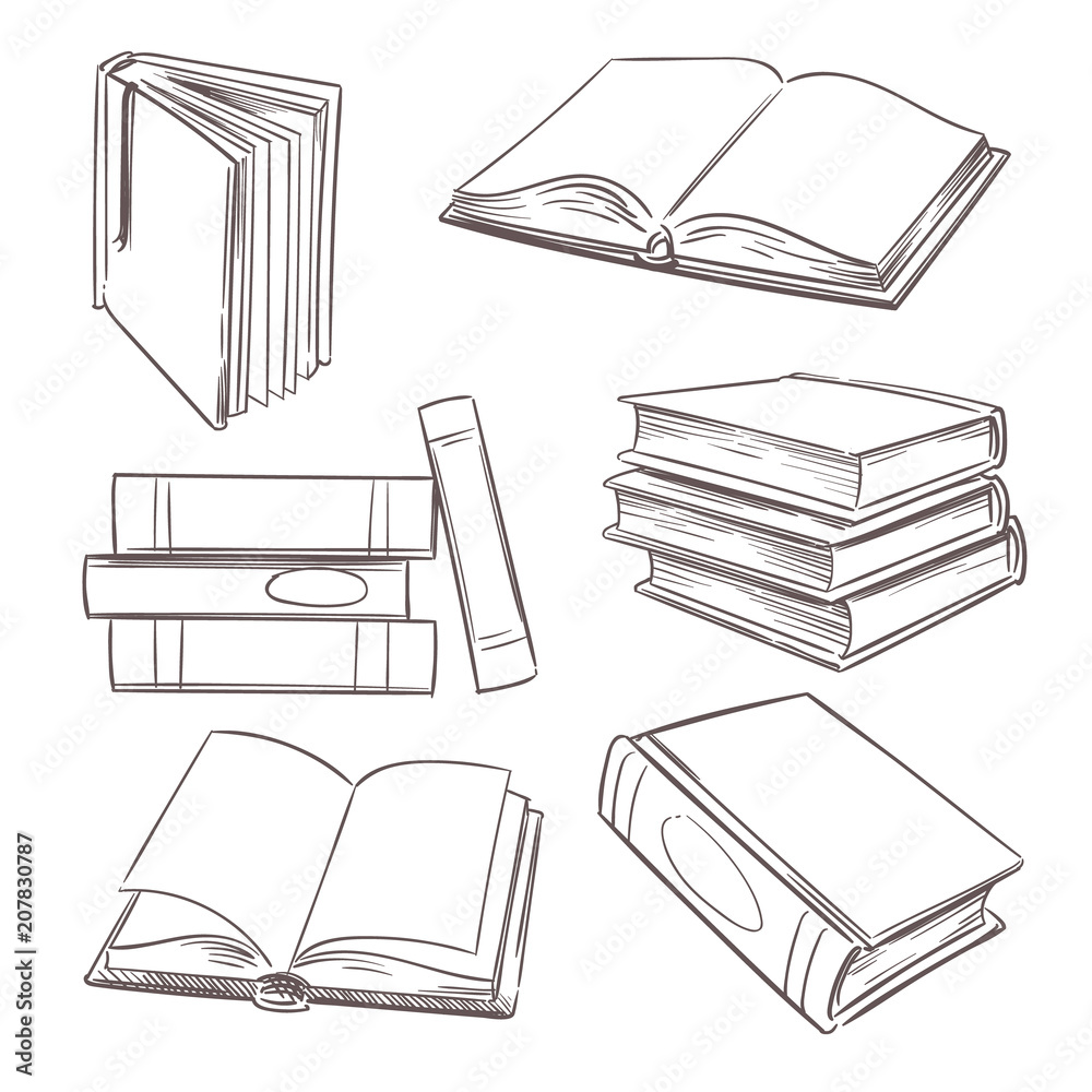 Hand drawn books, paper magazine and school textbooks. Sketch book piles.  Doodle bookshop and education vector retro…