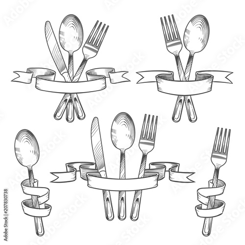 Silverware, cutlery, dinner table utensils. Knife, spoon and fork in retro banner ribbons hand drawing set. Kitchen vector emblems