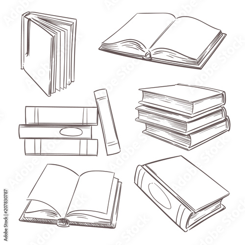 Hand drawn books, paper magazine and school textbooks. Sketch book piles. Doodle bookshop and education vector retro set isolated