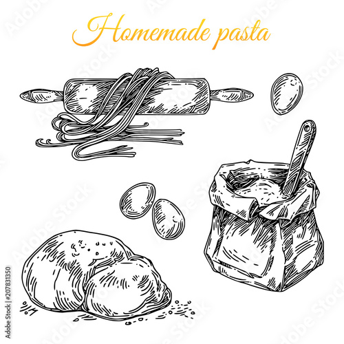 Set for homemade pasta. Rolling pin, bag of flour, eggs and dough. Engraving style. Vector illustration.