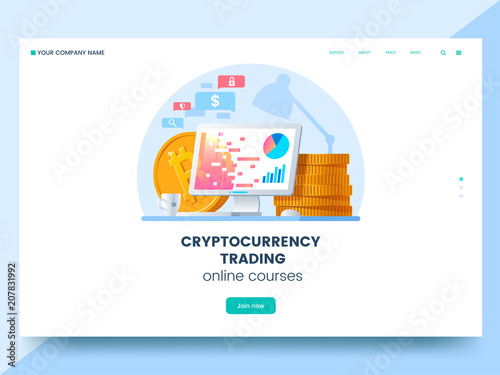 Cryptocurrency trading courses advertising web page. Workplace with computer and pile of gold coins. Purchase of digital coins. Digital currency trading concept. Vector eps 10.