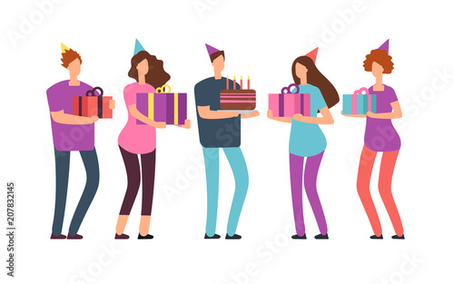 Smiling friends with gifts and cake. Happy birthday vector concept with cartoon people